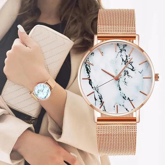 Rose Gold Mesh Band Marble Watch,,The Gift Dimension